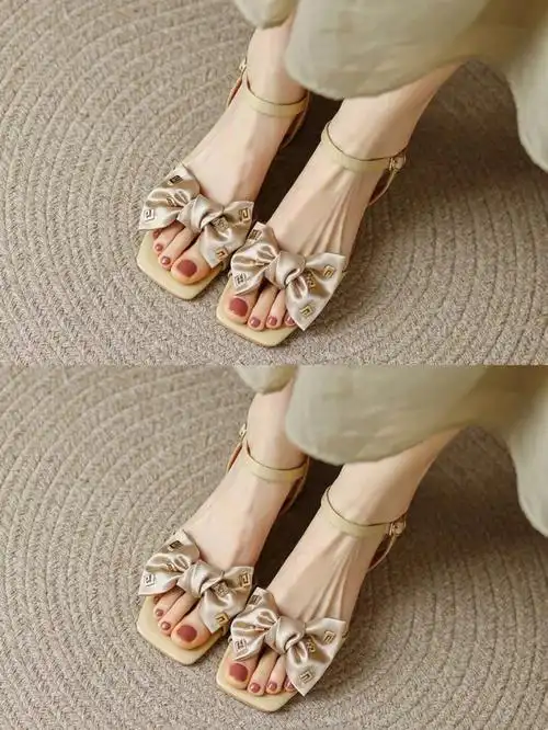 法式粗跟蝴蝶结一字带凉鞋