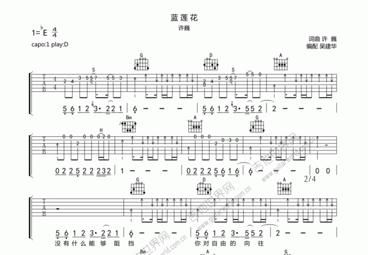 许巍蓝莲花吉他谱升d/降e弹唱 - 吉他世界网