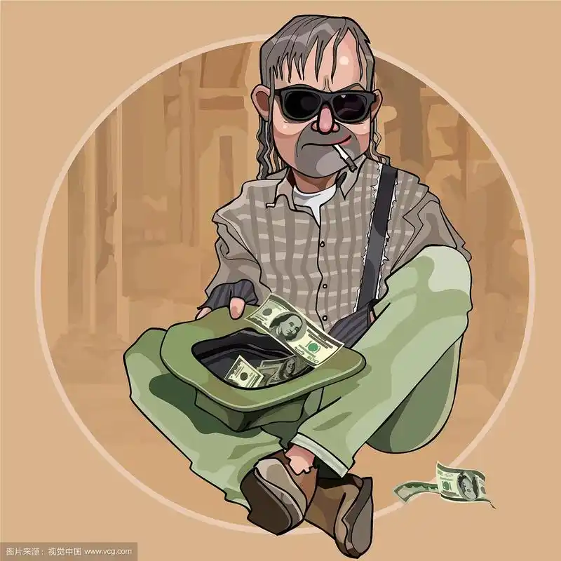 卡通流浪汉戴着帽子乞讨美元