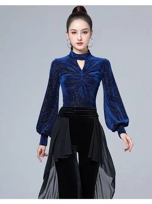 拉丁舞练功服女秋冬季新款交谊舞摩登舞形体训练服装时髦舞蹈上衣银