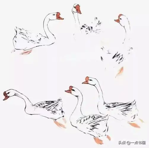 《荷塘清趣》画法步骤一:用勾皴法画出一只白鹅.