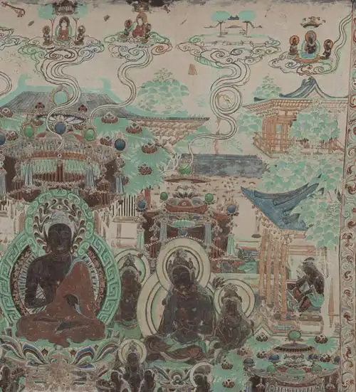 神游千年大美敦煌盛唐320窟北壁西方极乐净土佛刹清幽南壁飞天欢逐