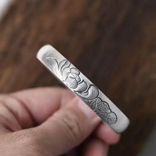 古银铺足银复古工艺莲花荷叶银饰镯子女款泰银哑光心经银手镯