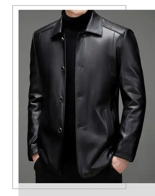 皮尔卡丹品牌高档男装真皮皮衣男绵羊皮翻领薄款海宁春季商务皮夹克