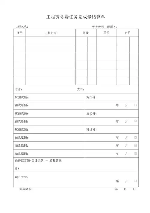 工程劳务费任务完成量结算单