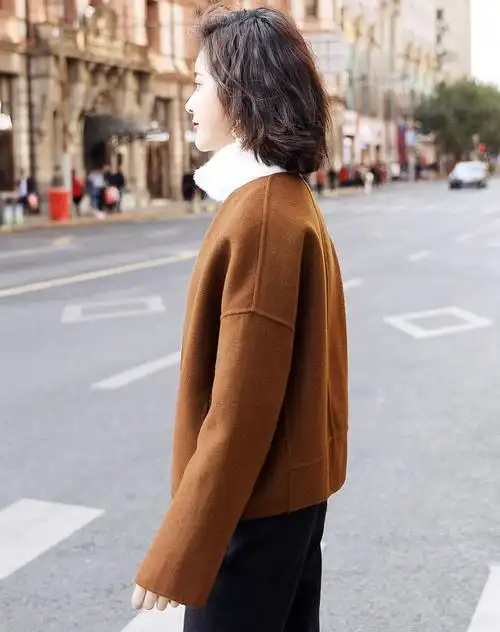 时尚短款双面呢大衣女秋冬2018新款韩版焦糖色小个子毛呢外套