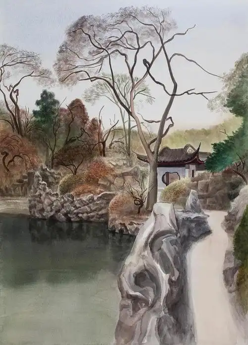 水彩油画国画冼东文笔下的江南园林