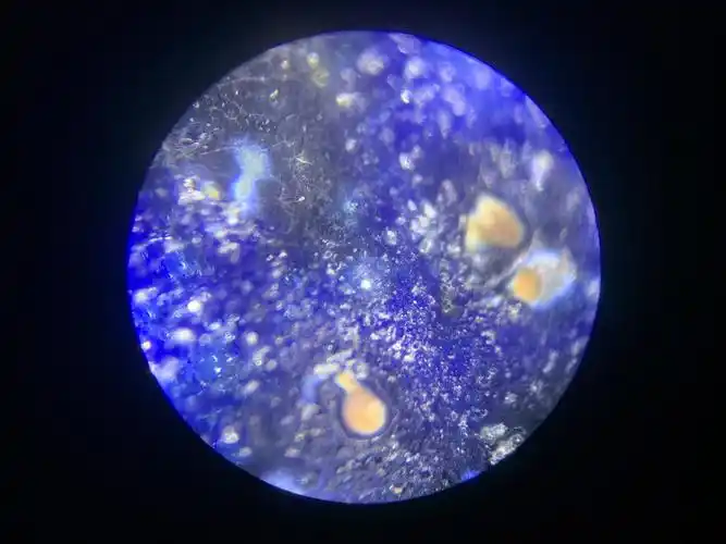 铁锈斑上隐见网格纹,金黄色白色结晶体明显!