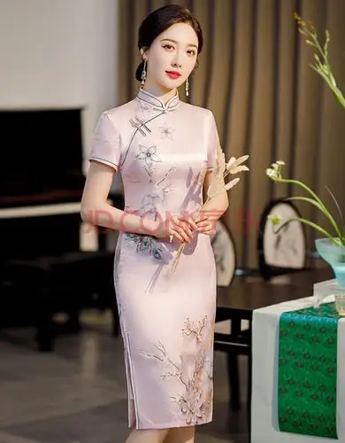 夏季中长新款旗袍印花修身气质优雅年轻妈妈过膝连衣裙大码女 tz538