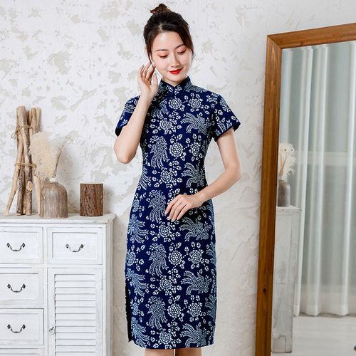 乌镇正宗手工蓝印花布旗袍民族风复古斜襟旗袍纯棉短袖立领旗袍