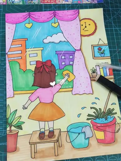 五一劳动节主题画擦玻璃做家务儿童画