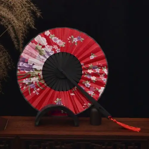 夏日360度折扇 圆形头青竹风车扇 女士扇子 缎面团扇 工艺扇子