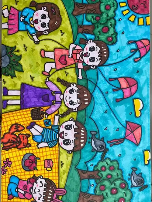 春天就应该去野餐放风筝,儿童应该会喜欢我的画吧#春游野餐