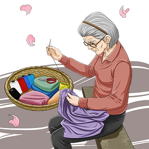 缝衣服 母亲 白发 母爱 母亲节 妈妈手绘卡通推着坐轮椅的白发老爷爷