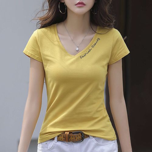 黄色v领短袖t恤女2022新款韩版鸡心领纯棉丅桖半袖修身紧身上衣黑