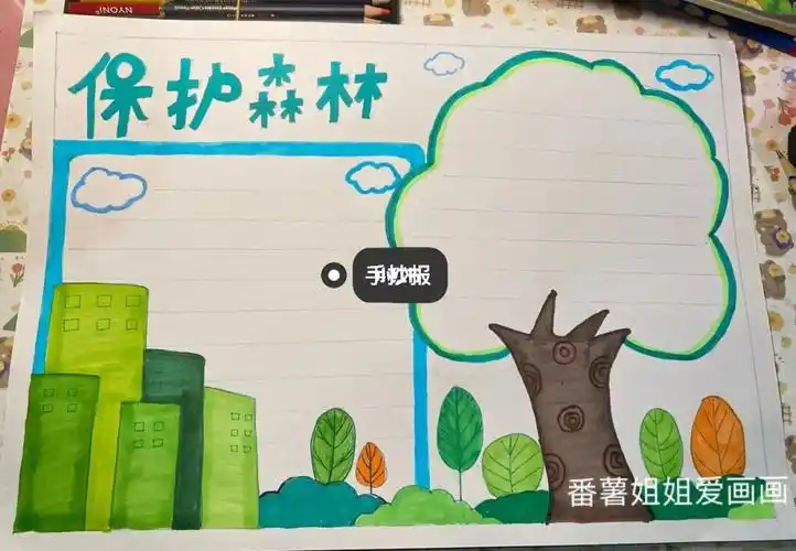 尺子,马克笔,铅笔这次手抄报主题是保护森林,元素有城市92,有大98