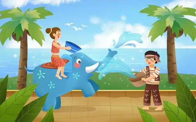 卡通泼水节传统节日展板设计泼水节海报飞溅动感水花四溅素材打水仗