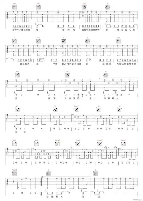 慢冷( c调指法原版编配) 梁静茹 歌谱简谱网