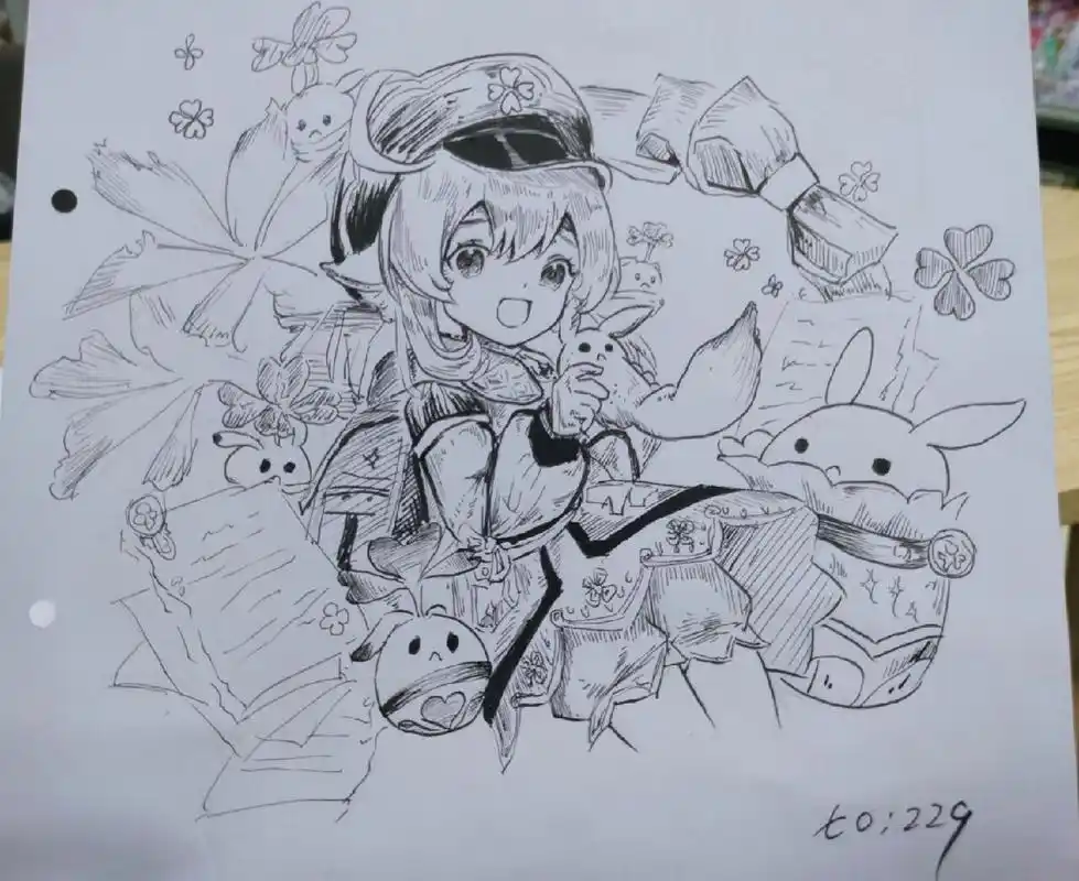 原神-可莉(黑白手绘)   画的不是太好,有点潦草了