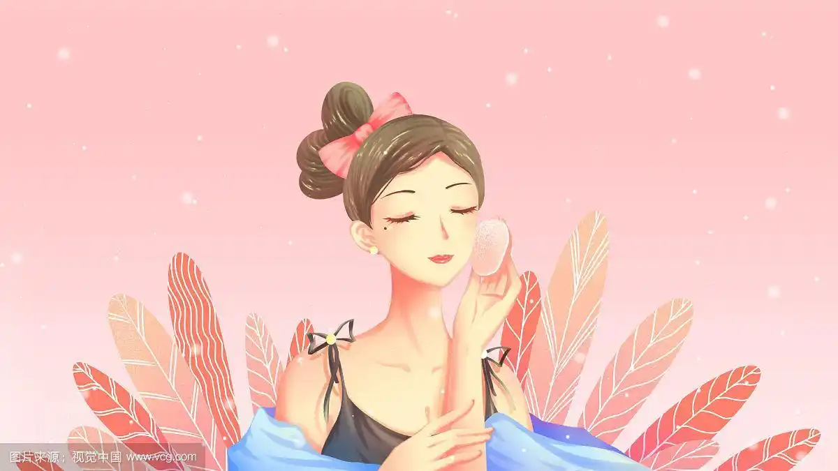 美丽的少女在化妆,身后是植物,粉色唯美卡通美妆插画