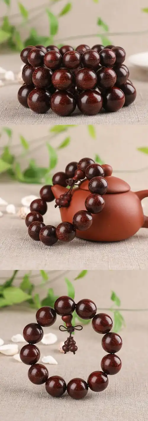 赞比亚金星鸡血红紫檀佛珠手串高密度吊葫芦木质文玩念珠结缘