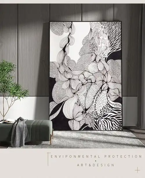 现代轻奢客厅入户玄关装饰画黑白灰线稿繁花艺术背景墙壁竖版挂画