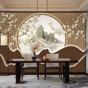 新中式电视背景墙壁纸客厅办公室花鸟山水画墙纸沙发影视墙布壁画