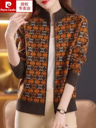 cardin)针织衫女100纯羊毛衫女立领针织开衫新款春秋提花拉链毛衣外套