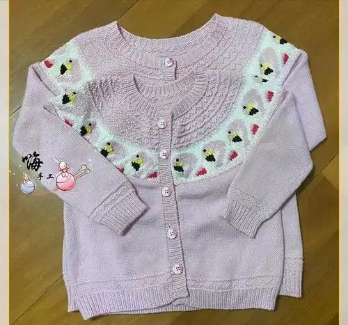 手织火烈鸟提花毛衣,女童开衫棒针编织,diy手工制作附图解