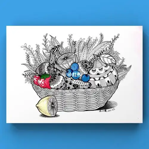 原创黑白线描装饰画水果篮子附过程图