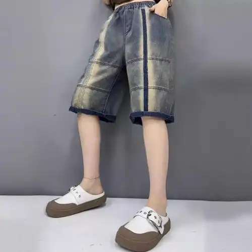 新品休闲水洗做旧牛仔六分裤女个性撞色拼接洋气五分阔腿短裤