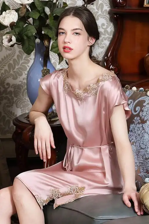 杭州丝绸100%桑蚕蚕丝重磅真丝睡裙蕾丝时尚睡裙