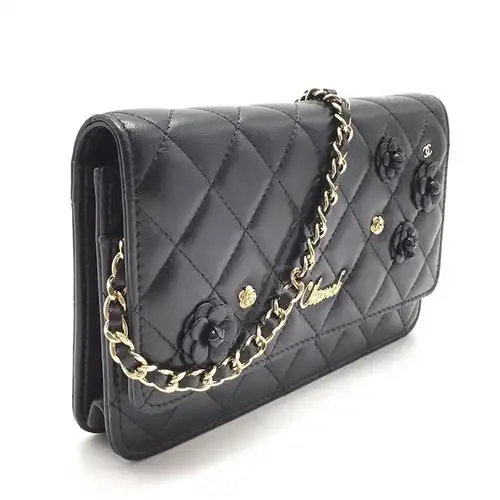 chanel(香奈儿) 经典款woc系列女士黑色皮质山茶花斜挎包