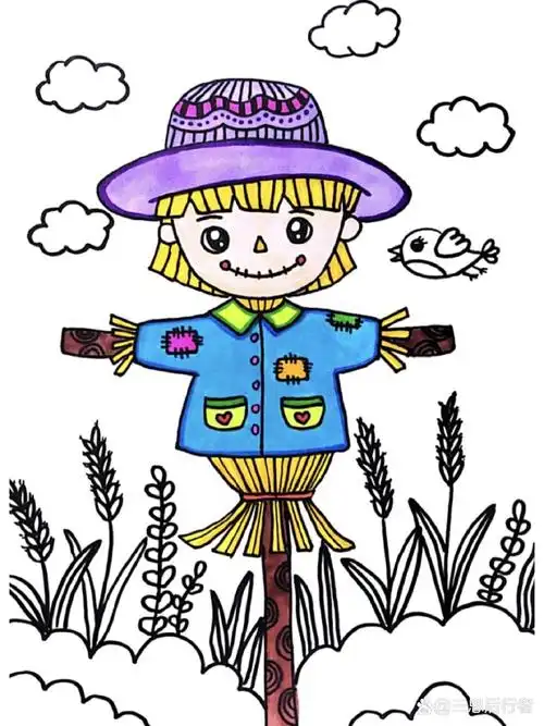 儿童画–麦田里的稻草人(有课件步骤) 适合6-8岁 教学重点 1,设计一个