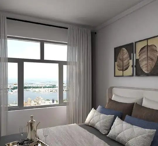 简单的石膏线条,黑色的罗马杆和窗帘,让空间更加的宽敞.