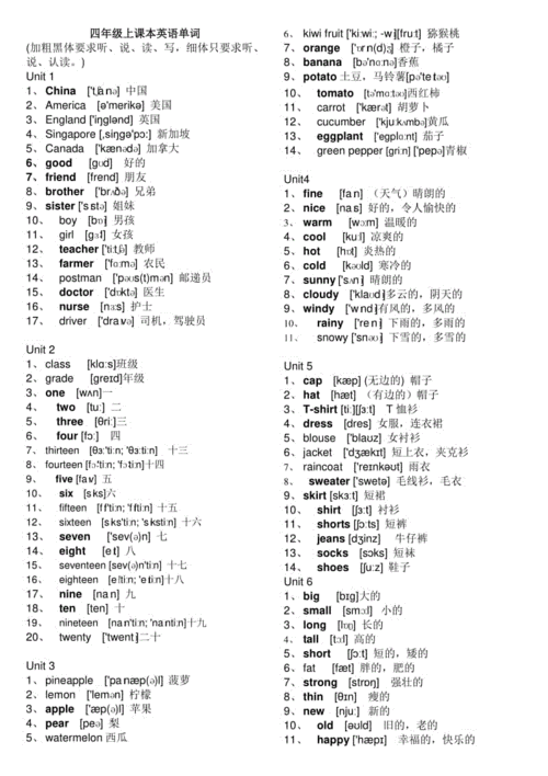 人教精通版四年级上册英语单词全册doc