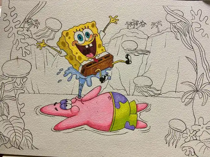 海绵宝宝和派大星手绘过程图_手绘_马克笔_海绵宝宝怎么样_马克笔手绘