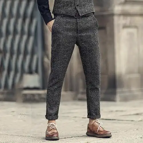 2018秋装新款 格纹九分裤 男呢子休闲