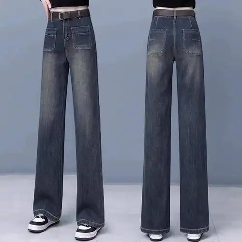 复古窄版 阔腿牛仔裤 2024年新款 女春秋款 夏季 高腰宽松直筒垂感女