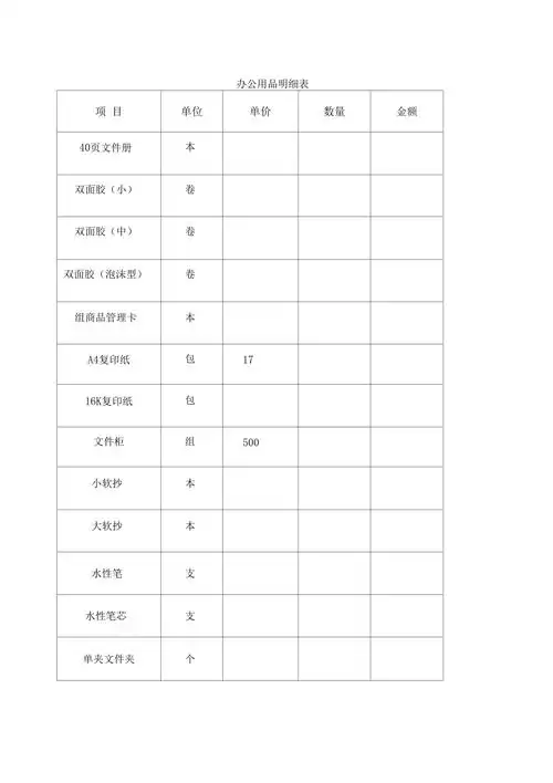 办公用品明细表价目表