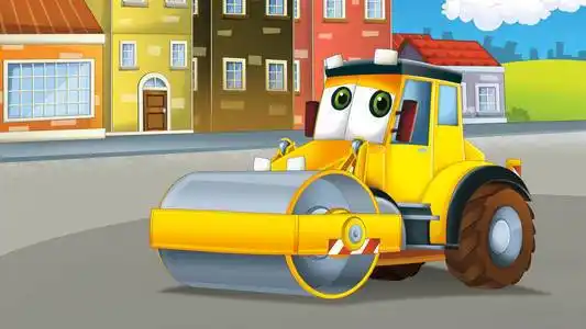 卡通路压路机卡车在城市-例证为孩子照片