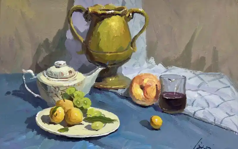 【水粉静物组合】-双耳瓷瓶和茶壶