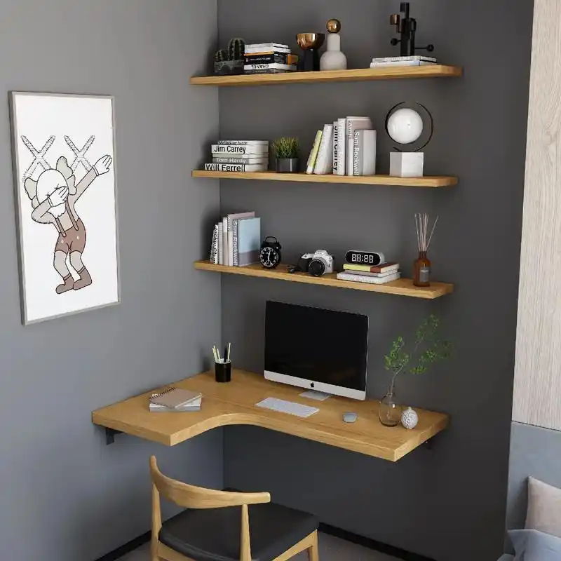 转角壁挂上墙一字板书桌书架组合l型拐角电脑桌墙角写字台办公桌 - 抖