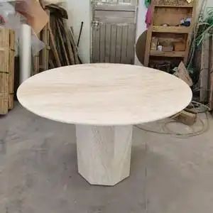 北欧简约诧寂风格圆形天然洞石大理石餐桌设计师样板间桌子定做