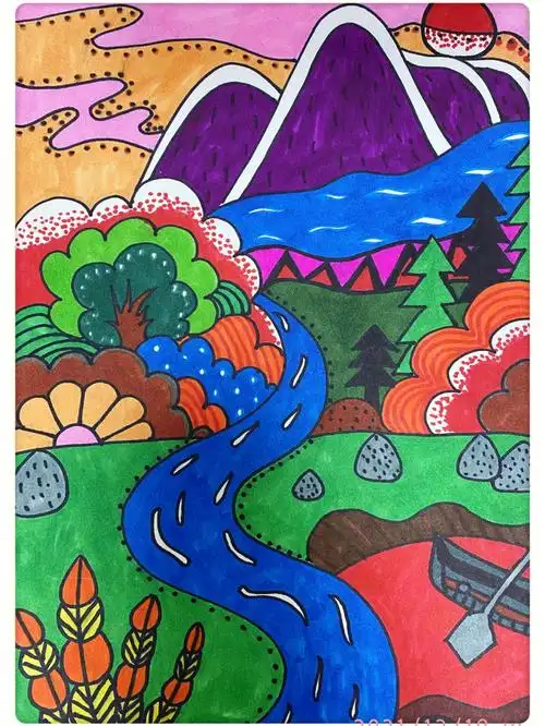 小盆友友们今天的马克笔山水画好看吗我可是很用心的完成了哦