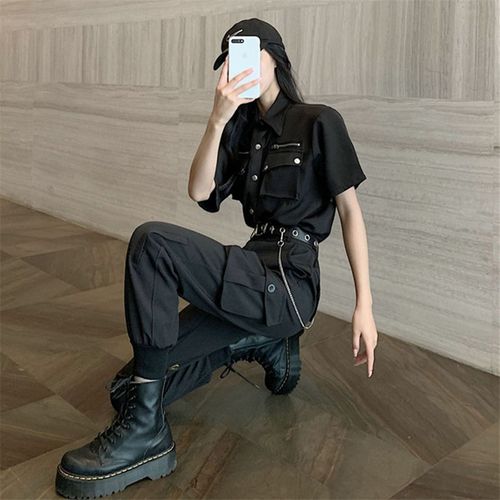 朋克短袖上衣服搭配工装裤套装女装霸气酷女孩穿搭帅气痞帅酷飒风