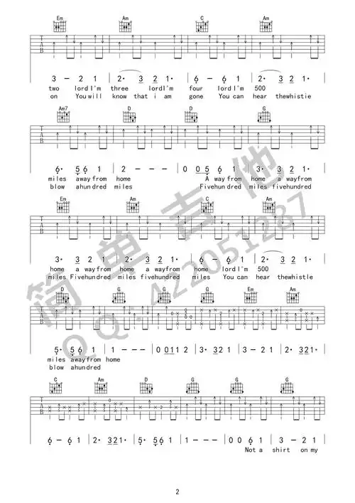 500 miles吉他谱 英文经典老歌 g调弹唱谱 高清六线