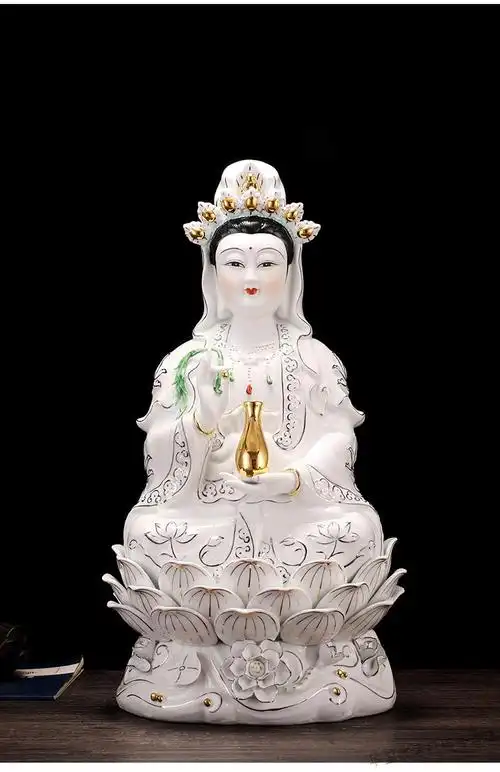 纯白南海观音菩萨佛像家用陶瓷居家供奉客厅摆件白衣坐莲观世音12寸