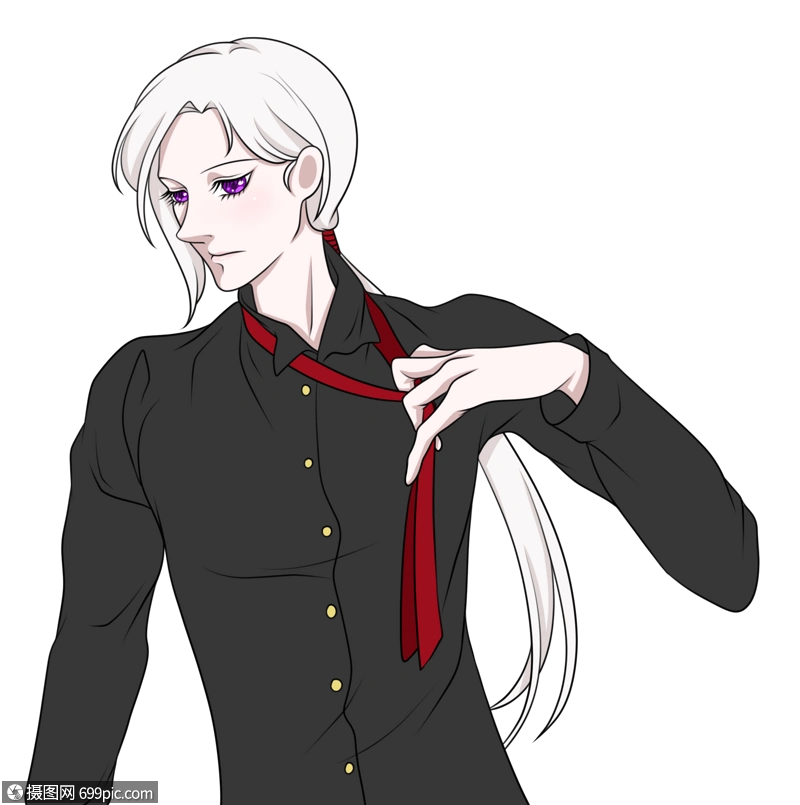 扯领带的的黑衬衫白发美男