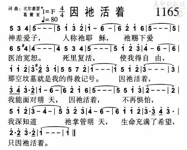 1165因祂活着(简谱)_敬拜赞美歌谱集_基督教歌谱大全